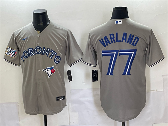 Men's Grey Toronto Blue Jays #77 Louis Varland 50 Seasons Patch Stitched Baseball Jersey